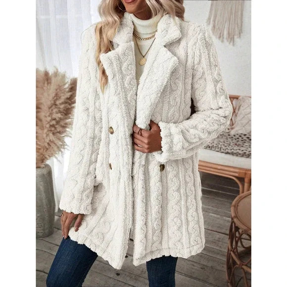 minimalist Double Breasted Lapel collar ribbed knit teddy Coat - Picture 3 of 11